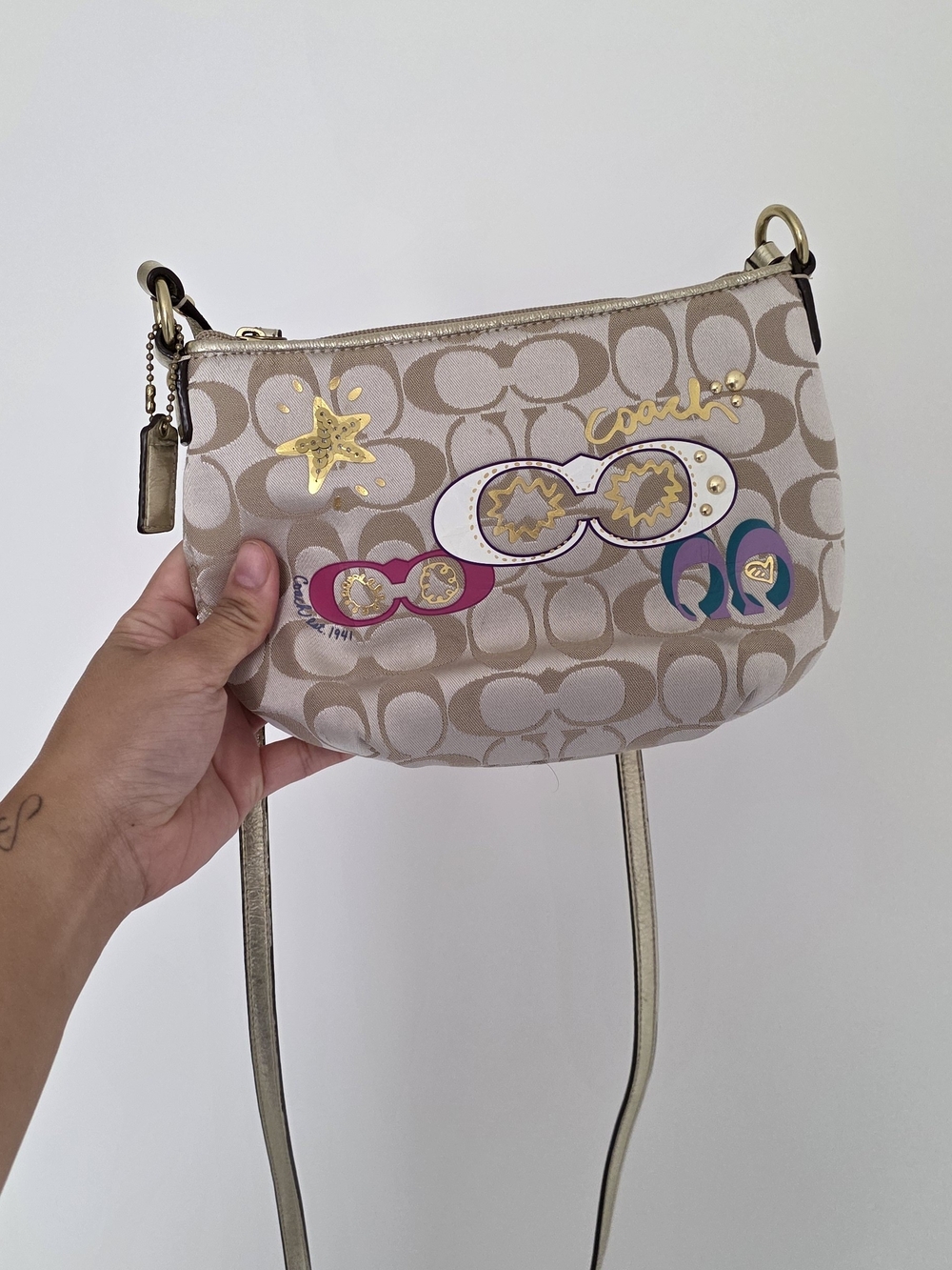 Coach Beige Signature Crossbody with Gold Accents